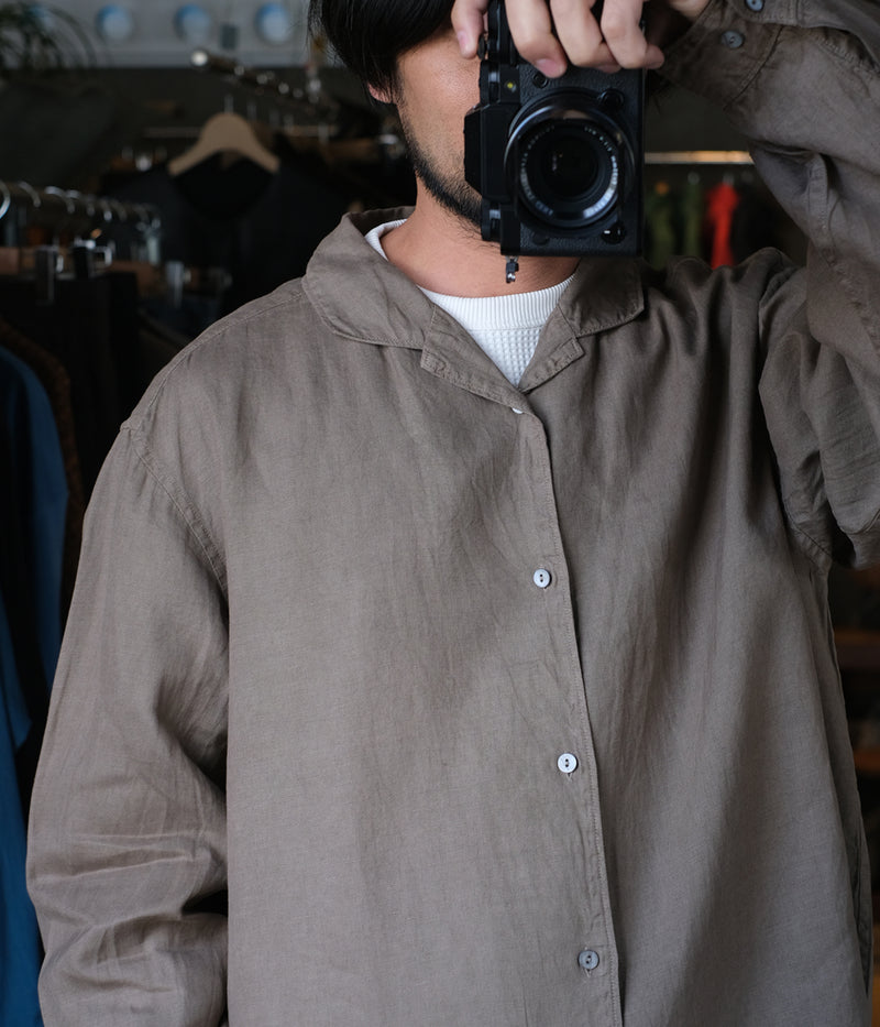 MITTAN "SH-117DC" hemp open-collar shirt (dark plant dye)